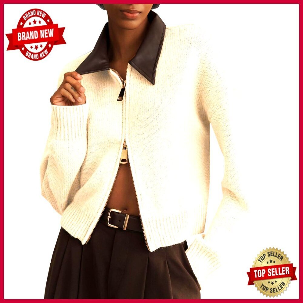 Cropped Cardigan Sweater Zip Up Lapel Collar Chunky Knit Long Sleeve